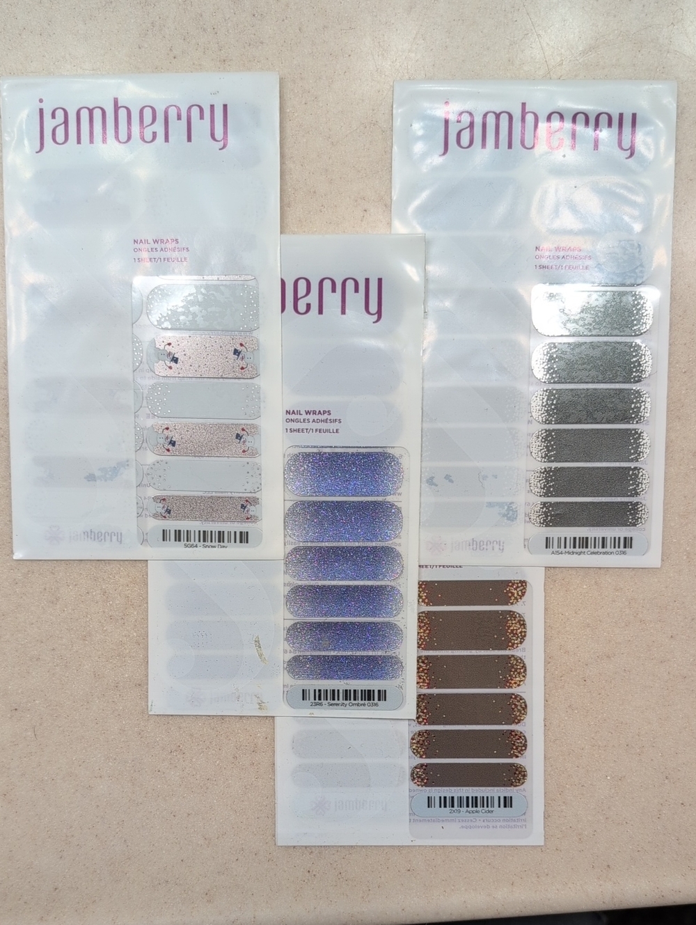 Lot Of 4 Jamberry Nail Wraps Apple Cider, Snow Day, Serenity Ombre, Midnight Cel